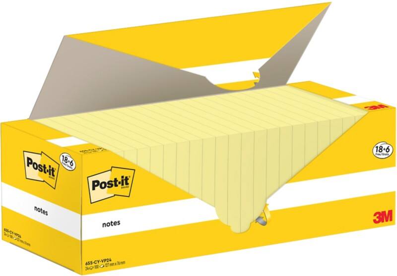 Notes adhésives Post-it 127 x 76 mm Jaune canari 24 blocs de 100 feuilles Pack économique 18+6 GRATUITS