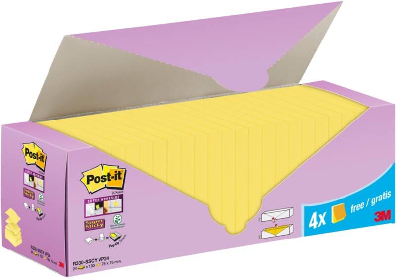 Z-Notes Super Sticky Post-it 76 x 76 mm Jaune canari 24 blocs de 90 feuilles Pack économique 20+4 GRATUITS
