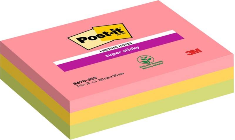 Notes Super Sticky Post-it 203 x 152 mm Assortiment 3 blocs de 70 feuilles