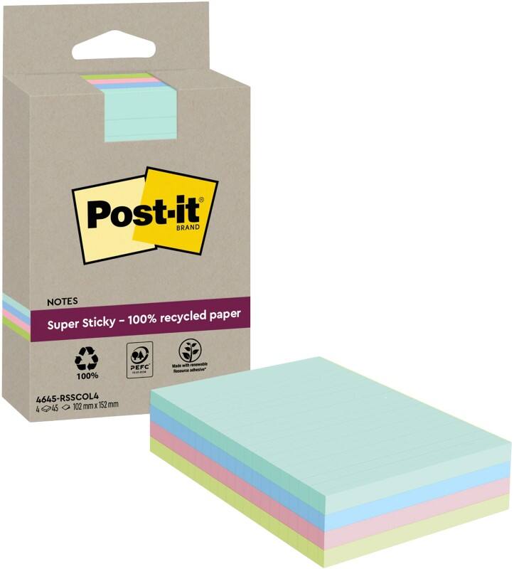 Notes Super Sticky Post-it 102 x 152 mm Assortiment 4 blocs de 45 feuilles