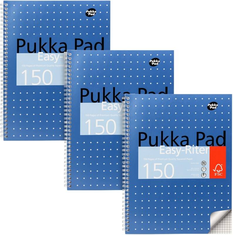 Pukka Metallics Notizbuch DIN A4 Kariert Doppeldraht Seitlich gebunden Karton Hardback Metallicblau Gelocht 150 Seiten 3 Stück à 150 Blatt