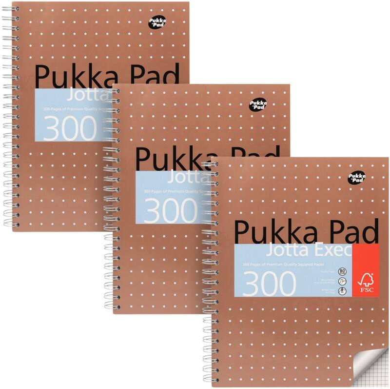 Cahier Pukka Metallic A4 Quadrillé Reliure à double fil Reliure latérale Carton Dos cartonné Bronze Perforé 300 Pages 3 Unités de 300 Feuilles