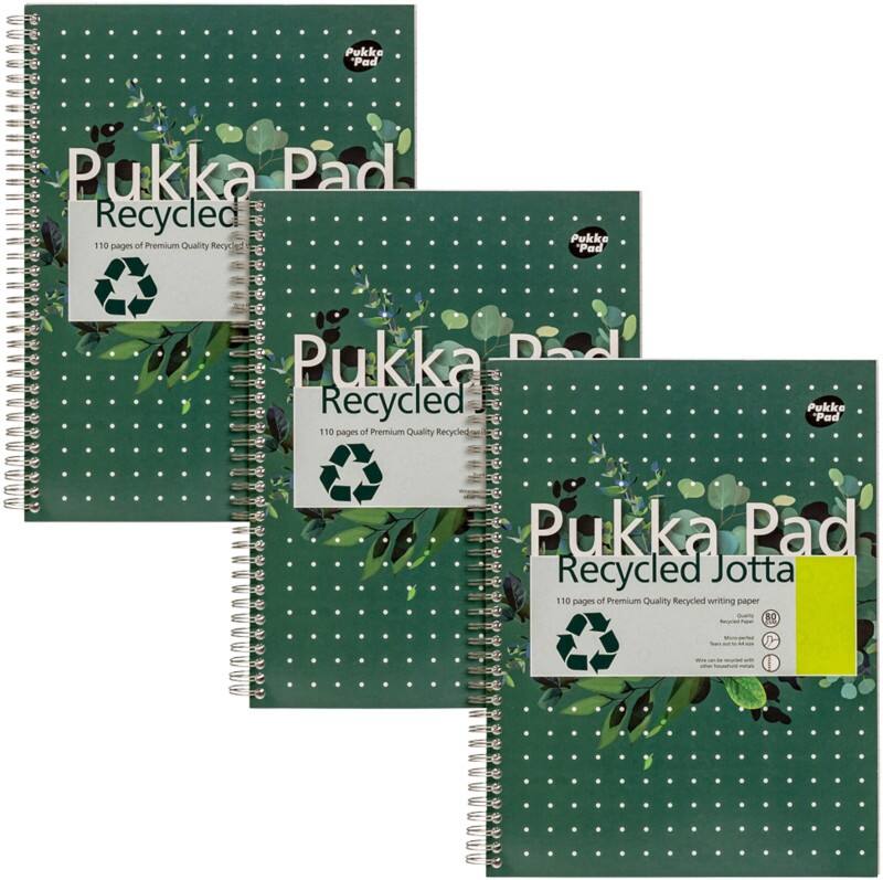 Cahier Pukka Recycled A4 Ligné Reliure à double fil Reliure latérale Carton Dos cartonné Vert Perforé 110 Pages 3 Unités de 110 Feuilles