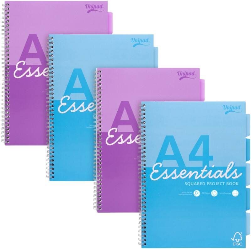 Cahier Pukka Essentials A4 Quadrillé Reliure à double fil Reliure latérale Carton Dos cartonné Assortiment Sans perforation 200 Pages 4 Unités de 200 Feuilles