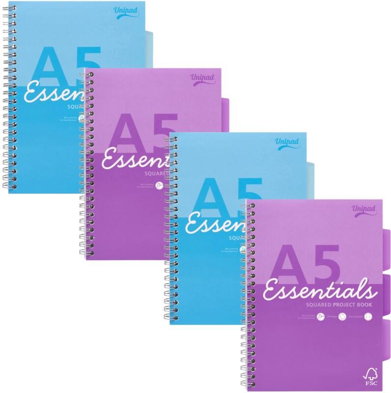 Cahier Pukka Essentials A5 Quadrillé Reliure à double fil Reliure latérale Carton Dos cartonné Assortiment Sans perforation 200 Pages 4 Unités de 200 Feuilles