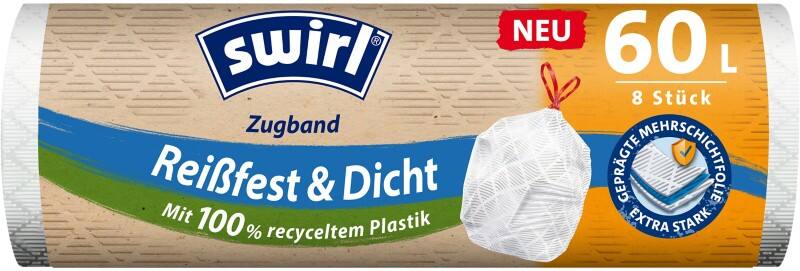 Swirl Reißfest & Dicht Abfallsäcke 60 L Zugband Transparent Kunststoff 8 Stück