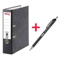 Classeur à levier Viking Large A4 80 mm Noir 2 Anneaux 6180 Carton Effet Marbre Portrait + Stylo-bille Viking