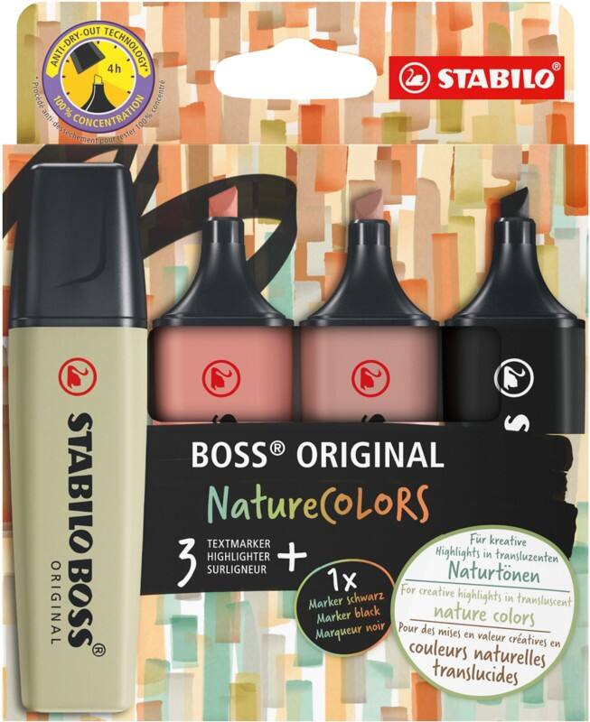 Surligneur STABILO BOSS ORIGINAL Assortiment Large Biseauté 2 - 5 mm 4 Unités
