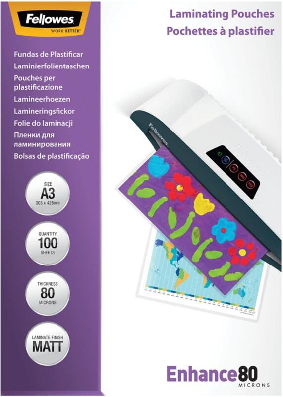 Fellowes Enhance Laminierfolien A3 Nicht Selbstklebend Matt 80 Mikron (2x80) Transparent 100 Stück