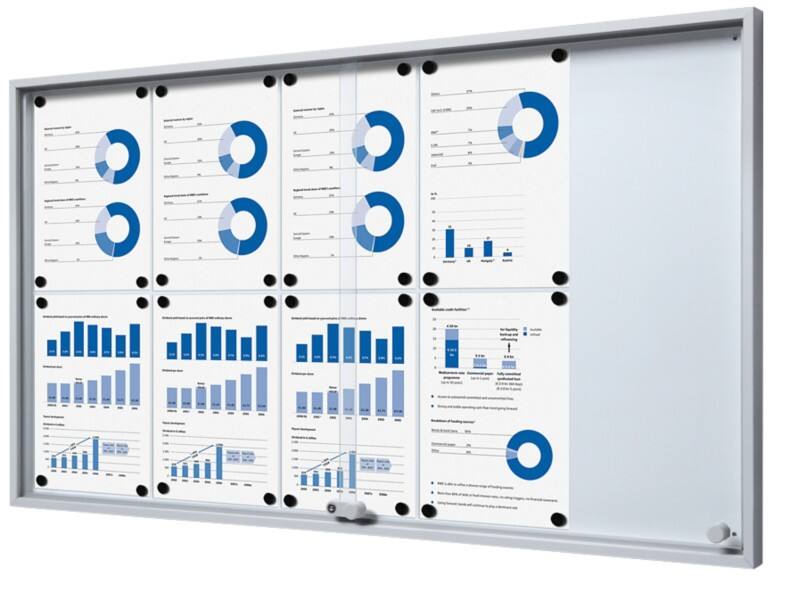 Vitrine SHOWDOWN Magnétique 10 x A4 Montage mural Verrouillable Intérieur 112,6 (l) x 64,1 (h) cm Argenté
