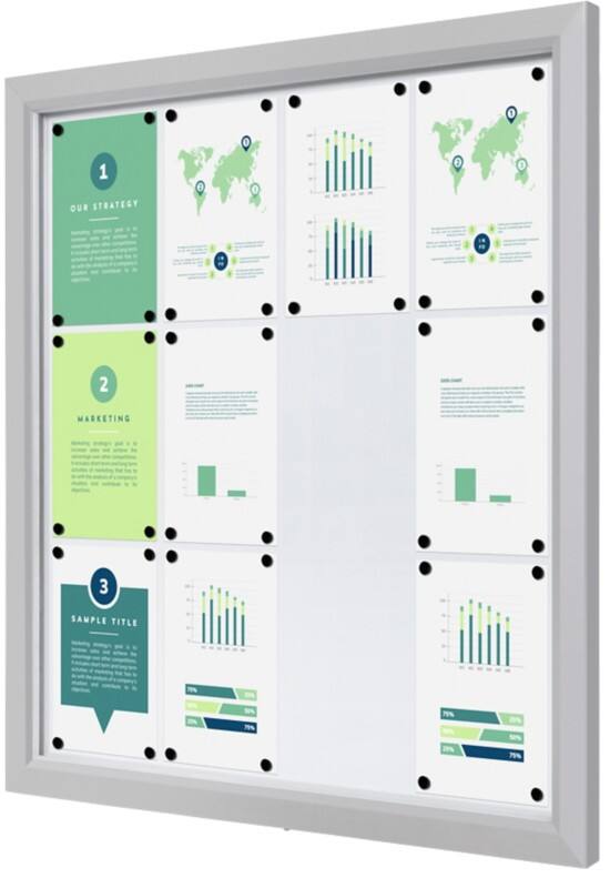 Vitrine SHOWDOWN Magnétique 12 x A4 Montage mural Verrouillable Extérieur 97 (l) x 101,2 (h) cm Argenté