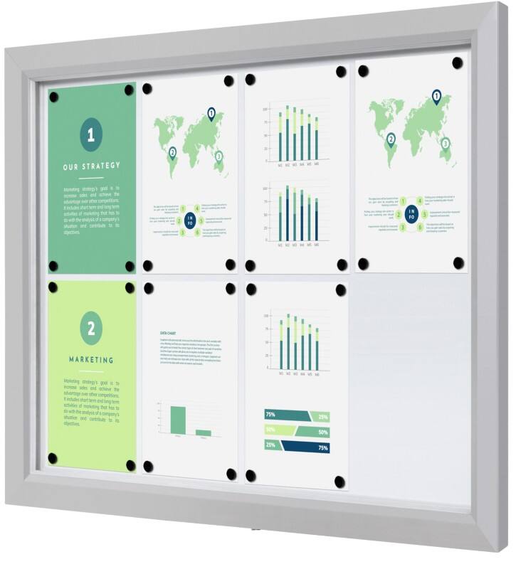 SHOWDOWN Vitrine Magnetisch 8 x A4 Wandmontage Abschließbar Outdoor 97 (B) x 70,5 (H) cm Silber