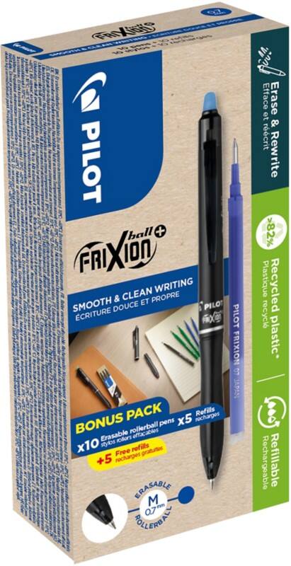 Pilot Tintenroller FriXion Ball Plus Blau 0,4 mm Medium 82% Recycled 10er Pack + 10 Minen