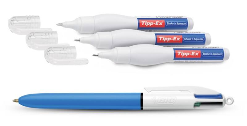 Stylo correcteur Tipp-Ex Shake 'n Squeeze Blanc 8 ml 3 unités + stylo-bille BIC 4 couleurs