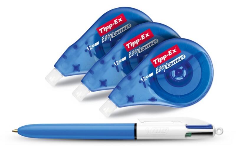 Tipp-Ex Easy Correct Korrekturband 4,2 mm x 12 m 3 Stück + BIC 4 Farben Kugelschreiber gratis
