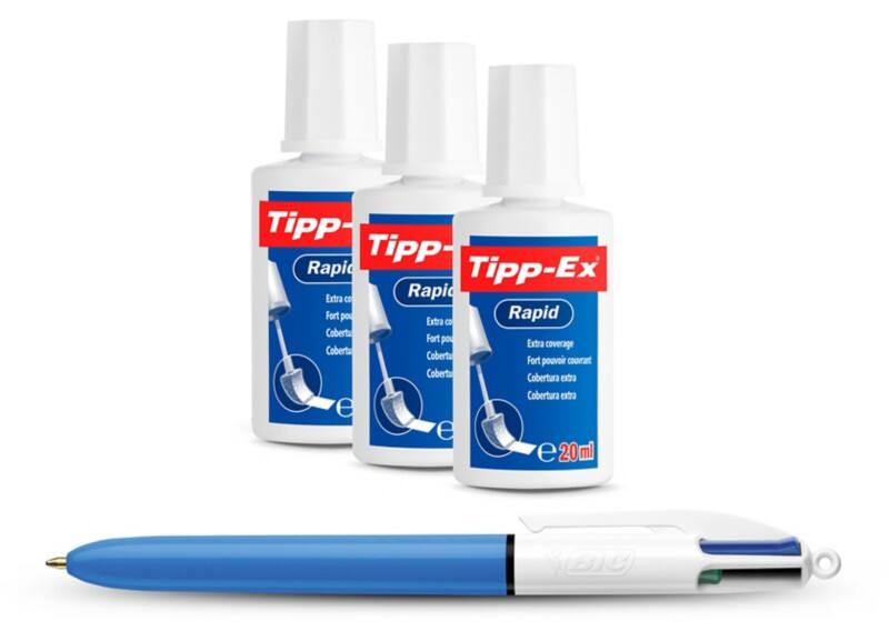 Correcteur liquide Tipp-Ex Rapid Blanc 20 ml 3 unités + stylo-bille BIC 4 couleurs