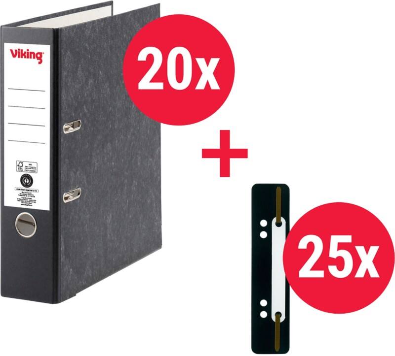 Viking Ordner + Heftstreifen Breit A4 80 mm Schwarz 2 Ringe Kunststoff Wolkenmarmor Hochformat 20 Stück