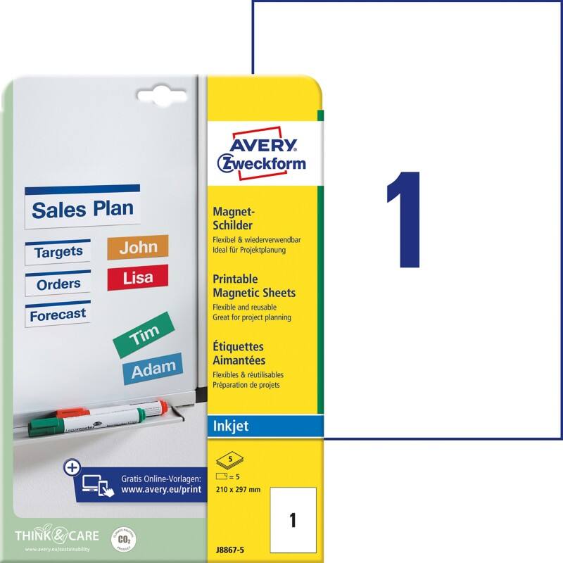 AVERY Zweckform J8867-5 Magnetschilder A4 Weiss 210 x 297 mm 5 Blatt à 1 Etiketten