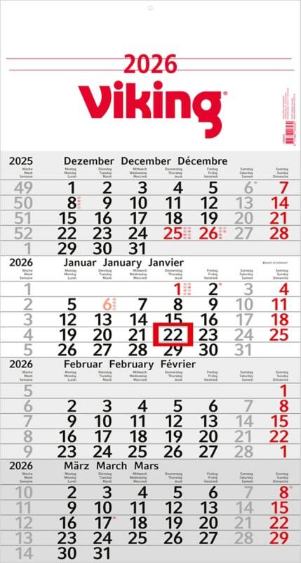 Calendrier Viking 2026 Allemand, Anglais, Français 30 (L) x 56 (H) cm Blanc