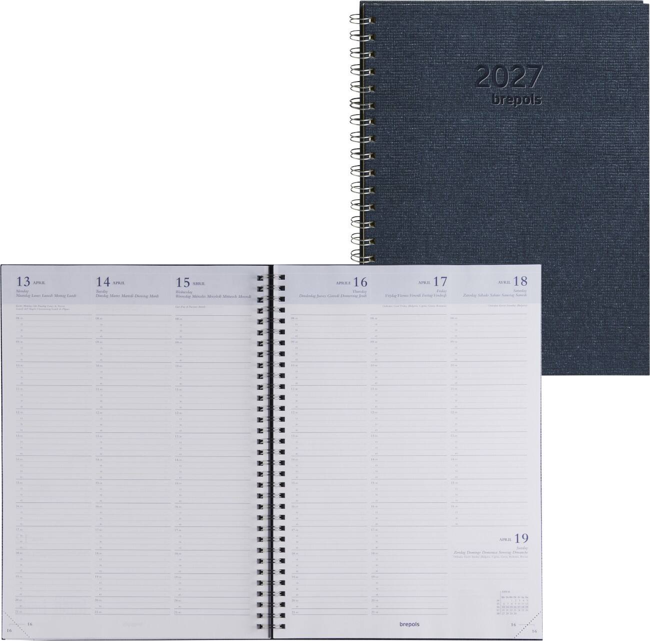 Agenda Brepols Omega Kazar 2027 A4 1 Semaine sur 2 pages Allemand, Anglais, Français, Italien, Néerlandais, Espagnol Bleu 0,030,0685,06,4,0
