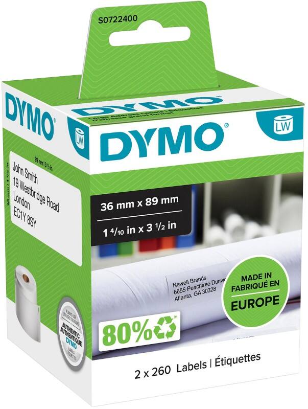Dymo LW S0722400 / 99012 Authentic Grosse Adressetiketten Selbstklebend Weiss 36 x 89 mm 2 Rollen à 260 Etiketten