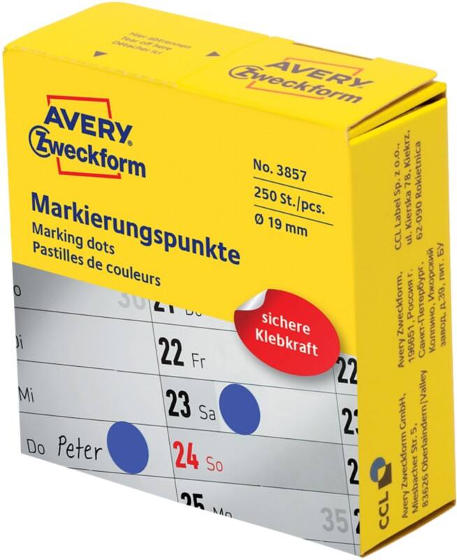 Pastilles autocollantes AVERY Zweckform 3857 Adhésif Spécial Bleu 250 Unités