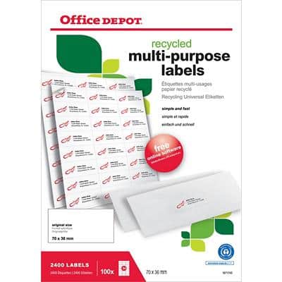 Étiquettes multi-usages Office Depot Autocollantes 70 x 36 mm Recyclé 100% Blanc 100 Feuilles de 24 Étiquettes