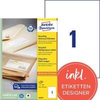 AVERY Zweckform LR3478 Recycling-Universaletiketten DIN A4 Weiß 210 x 297 mm 100 Blatt à 1 Etiketten