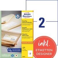 Étiquettes universelles AVERY Zweckform LR3655 Adhésif A4 Blanc 210 x 148 mm 100% Recyclé 100 Feuilles de 2 Étiquettes