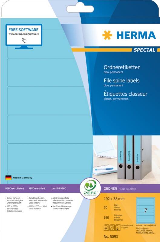 HERMA Ordnerrücken Etiketten 5093 Blau Rechteckig A4 192 x 38 mm 20 Blatt à 7 Etiketten