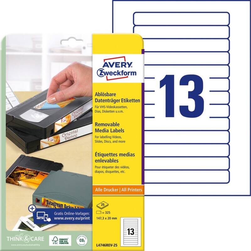 Étiquettes de bandes vidéo AVERY Zweckform L4746REV-25 A4 Blanc 147,3 x 20 mm 25 Feuilles de 13 Étiquettes
