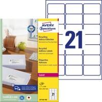 AVERY Zweckform Universaletiketten LR7160-100 Ja DIN A4 Weiß 63,5 x 38,1 mm Recycelt 100% 100 Blatt à 21 Etiketten