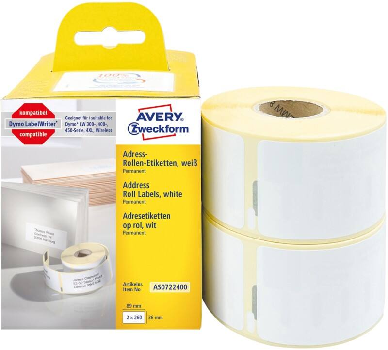 Étiquettes d'adresse AVERY Zweckform LW S0722400 / 99012 Dymo Compatibles Autocollantes Blanc 36 x 89 mm 2 rouleaux de 260 étiquettes