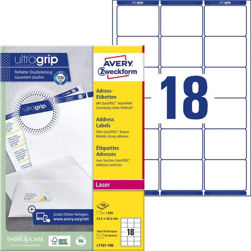AVERY Zweckform Abziehhilfe QuickPEEL,ultragrip Adressetiketten L7161-100 Selbsthaftend A4 Weiss 63,5 x 46,6 mm 100 Blatt à 18 Etiketten