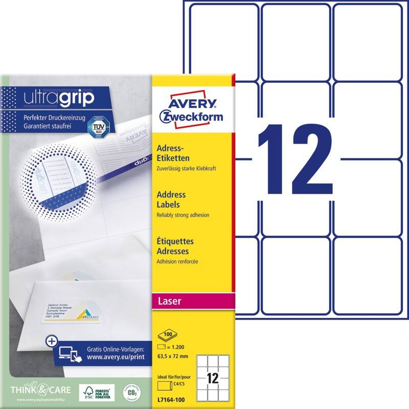 AVERY Zweckform L7164-100 Adressetiketten A4 Weiss 63,5 x 72 mm 100 Blatt à 12 Etiketten