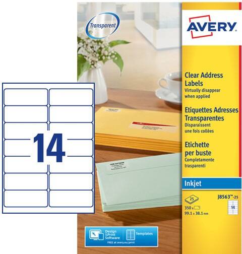 Étiquettes d'adresse AVERY Zweckform J8563-25 Adhésif A4 Transparent 99.1 x 38.1 mm 25 Feuilles de 14 Étiquettes