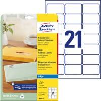 Étiquettes universelles AVERY Zweckform J8560-25 Adhésif A4 Transparent 63.5 x 38.1 mm 25 Feuilles de 21 Étiquettes