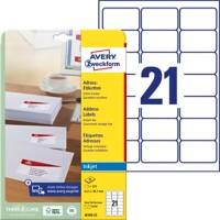 AVERY Zweckform Tintenstrahl Adressetiketten J8160-25 Selbsthaftend A4 Weiss 63,5 x 38,1 mm 25 Blatt à 21 Etiketten