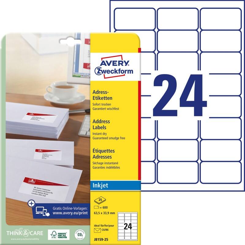 Étiquettes universelles AVERY Zweckform J8159-25 Blanc A4 63,5 x 33,9 mm 24 Feuilles de 25 Étiquettes