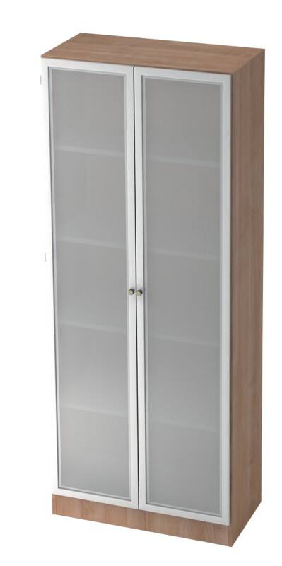 Hammerbacher Glastürenschrank Melaminharzbeschichtete Spanplatte, Milchglas 5 Fachböden 800 x 420 x 2.004 mm Walnuss Braun, Silber