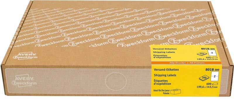 Étiquettes d'adresse AVERY Zweckform 8018-300 Adhésif A4 Blanc 199.6 x 143.5 mm 300 Feuilles de 2 Étiquettes