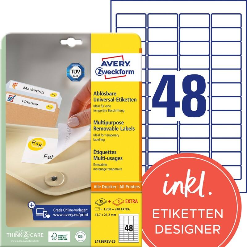 AVERY Zweckform L4736REV-25 Ablösbare Universaletiketten A4 Weiss 45,7 x 21,2 mm 30 Blatt à 48 Etiketten
