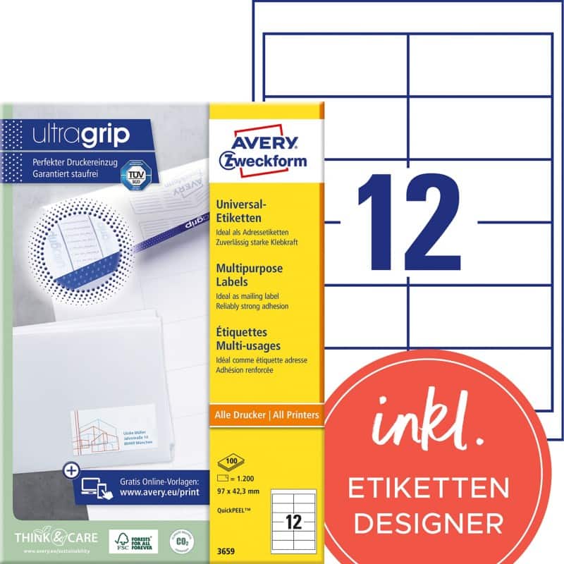 AVERY Zweckform Abziehhilfe QuickPEEL,ultragrip Mehrzwecketiketten 3659 Selbsthaftend A4 Weiss 97 x 42,3 mm 100 Blatt à 12 Etiketten