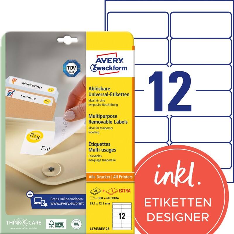 Étiquettes universelles AVERY Zweckform Stick & Lift Adhésif A4 Blanc 99.1 x 42.3 mm 30 Feuilles de 12 Étiquettes