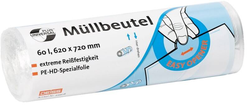 Sac-poubelle DEISS Universal Plus Déchets légers 60 L Transparent HDPE (Polyéthylène renforcé haute densité) 6 microns 50 Unités