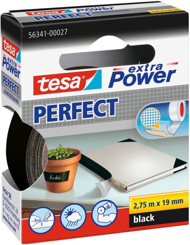 tesa Klebeband extra Power Perfect Schwarz 19 mm (B) x 2,75 m (L) Kunststoff, Zellwollgewebe