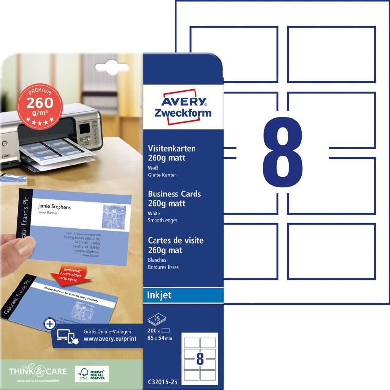 Cartes de visite AVERY Zweckform Quick and Clean 260 g/m² Blanc 25 Feuilles de 8 Unités