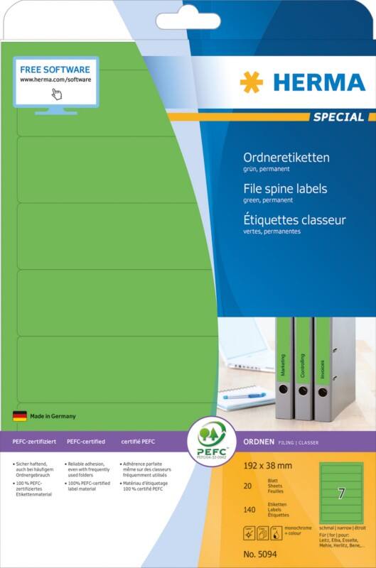 HERMA Ordnerrücken Etiketten 5094 Grün Rechteckig A4 192 x 38 mm 20 Blatt à 20 Etiketten
