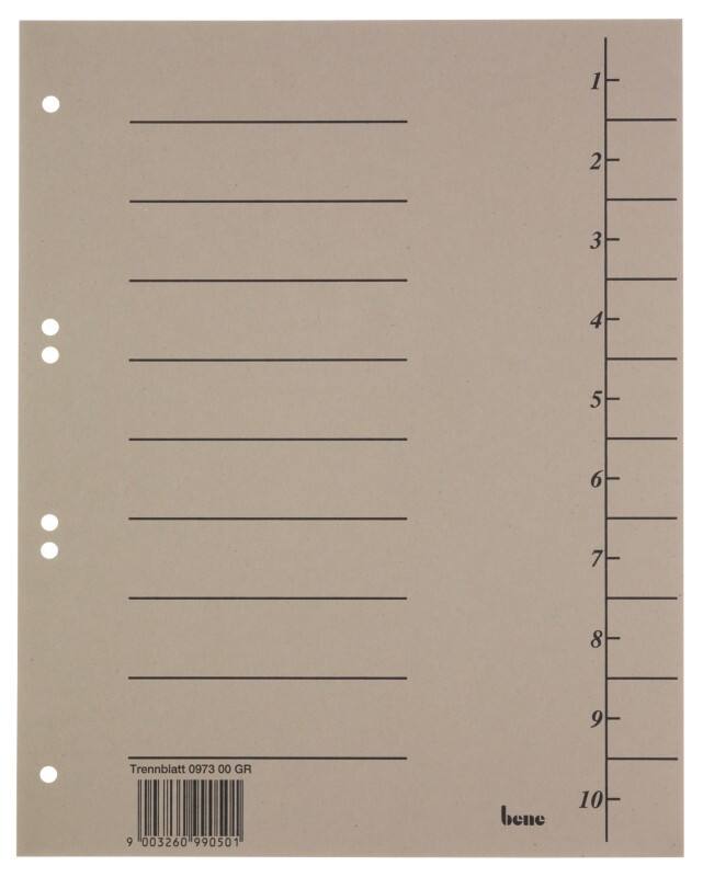 Bene Trend 1 bis 10 Trennblätter DIN A4 Grau 10-teilig Pappkarton 6 Löcher 100 Stück