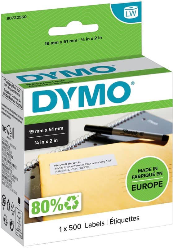 Étiquette universelle DYMO LW Authentique 11355 18432 Autocollantes Noir sur Blanc 19 x 51 mm 500 Étiquettes